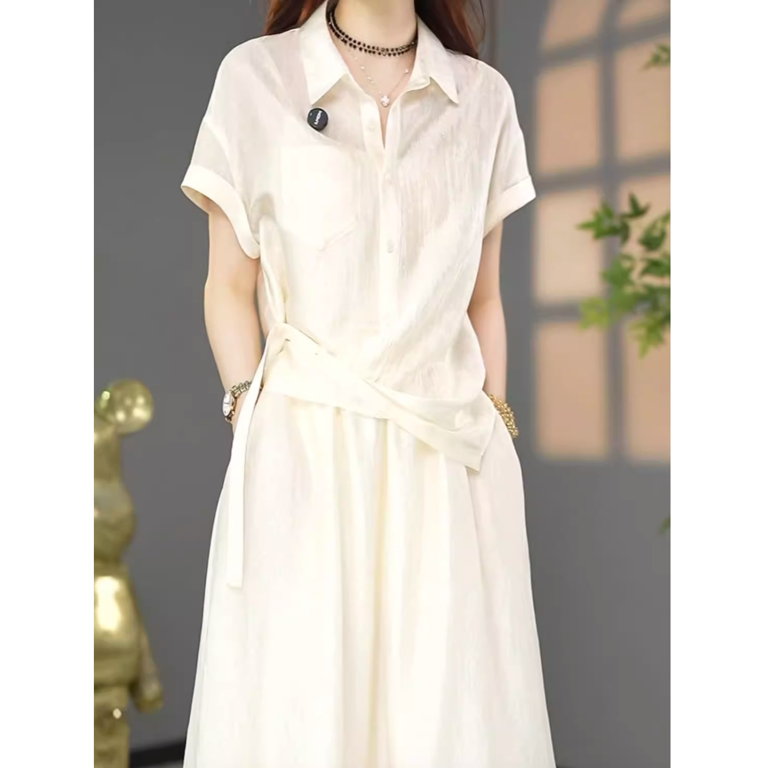 气质醋酸面料奢华洋气纯色半身裙2025夏季新款宽松遮肚子俩件套女