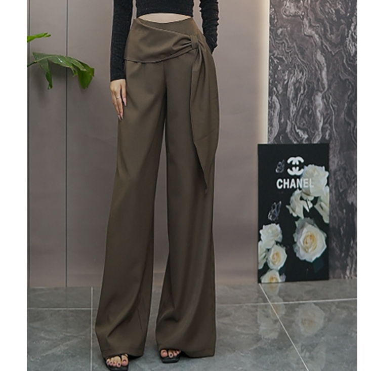 早秋新款美拉德高腰绑带阔腿裤显瘦时尚拖地休闲裤k805