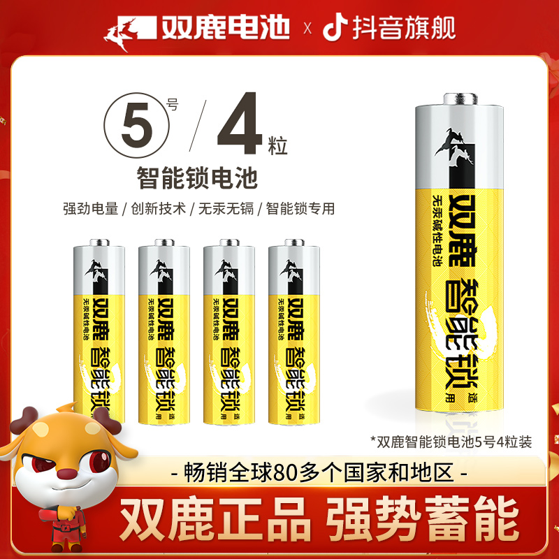双鹿电池5号1.5V碱性AA/LR6适用于指纹锁/智能门锁/不漏液松弛感1