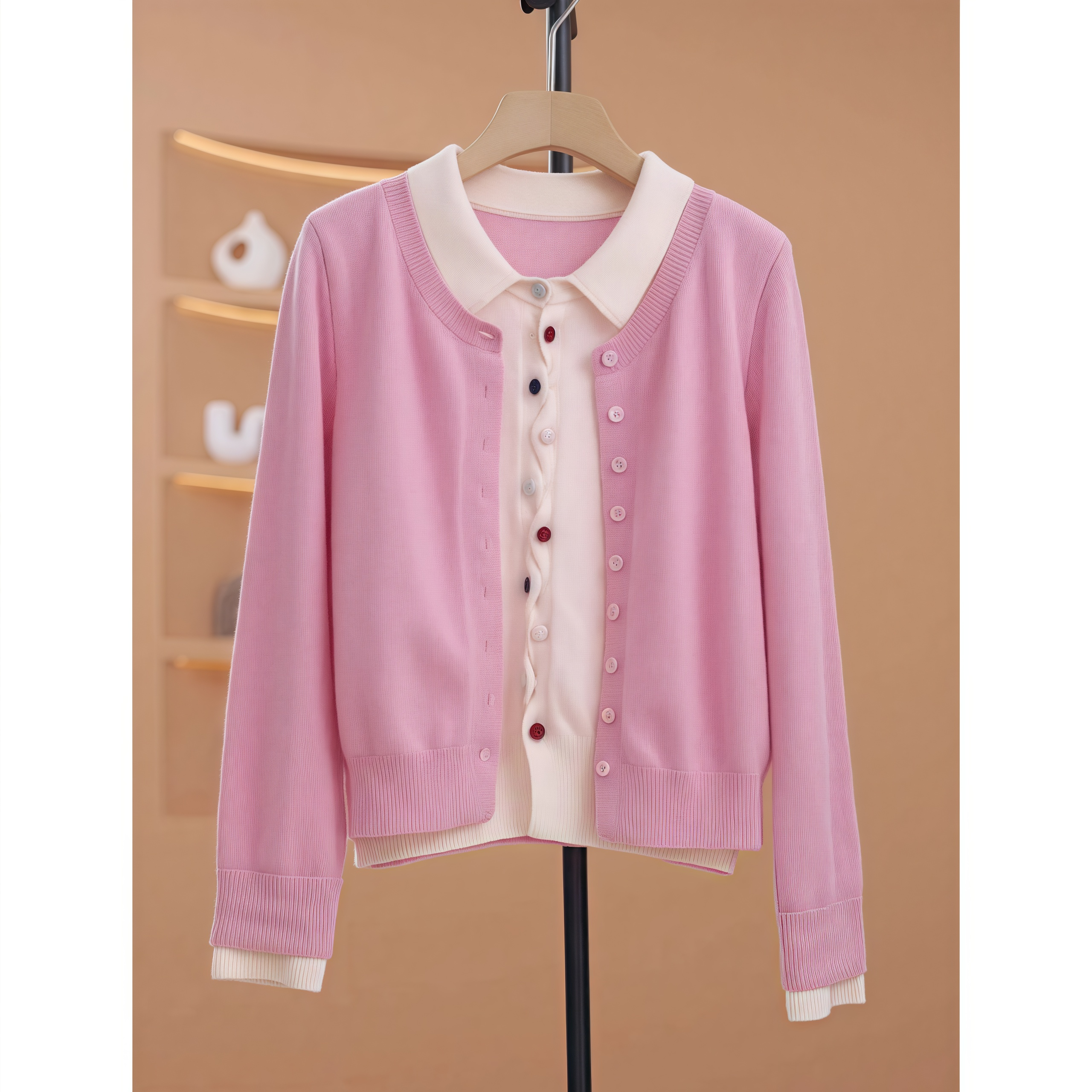 假两件彩色扣翻领针织衫女春秋季新款外穿开衫长袖洋气减龄上衣服