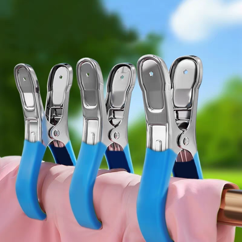 新款不锈钢晾衣夹子大号被夹防风家用浸塑扁夹强力开口夹晾晒神器