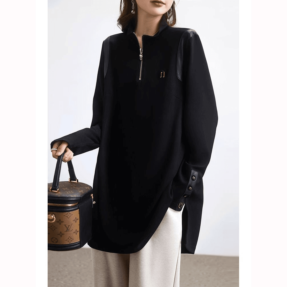 独特别致小众设计感黑色立领中长款上衣女简约时尚百搭休闲卫衣潮