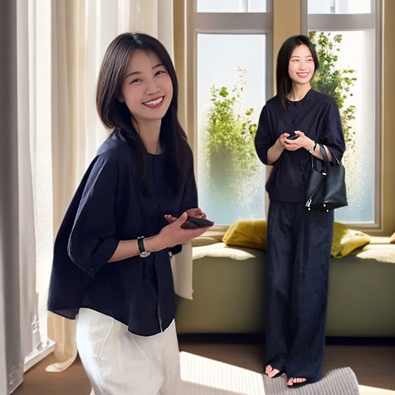 时尚宽松遮肉短袖衬衫高腰阔腿直筒休闲裤女夏季新款简约百搭套装