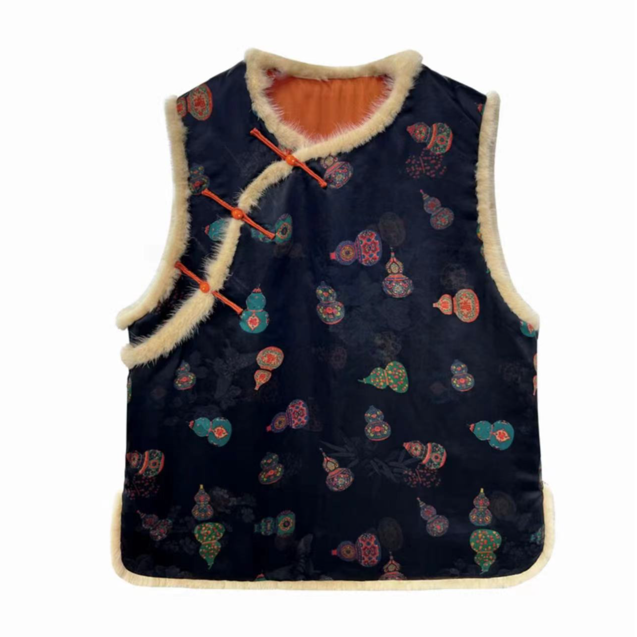 【福禄夹棉马夹】桑蚕丝香云纱拼水貂毛新中式秋冬彩色减龄葫芦马甲