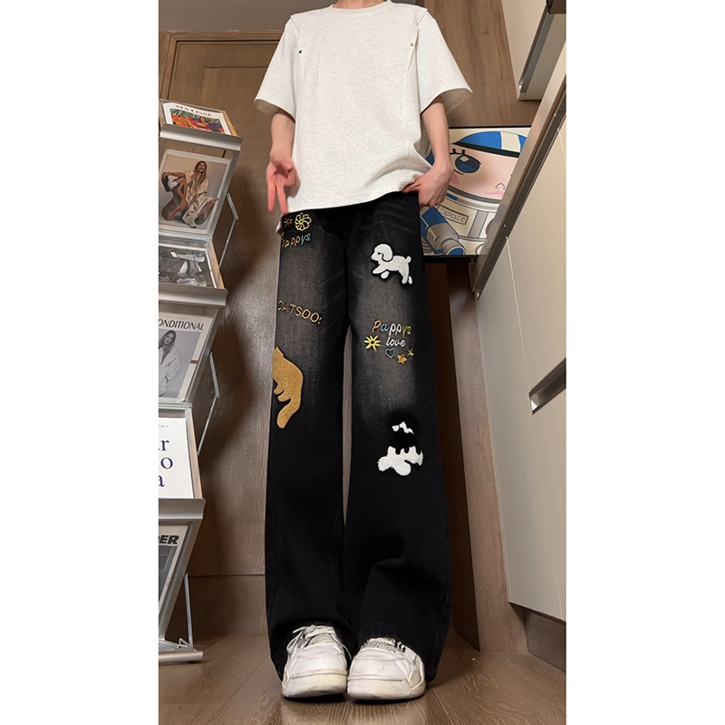 美式潮牌痞帅涂鸦小狗印花牛仔裤设计感小众宽松直筒裤男款夏季