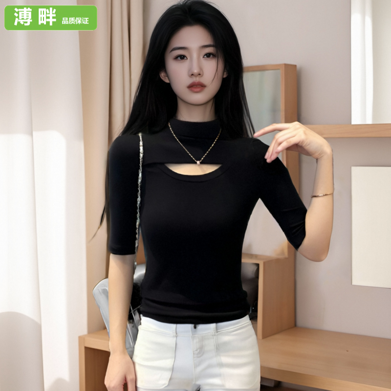溥畔韩系半高领镂空中袖T恤女春夏修身显瘦打底衫百搭时尚上衣潮