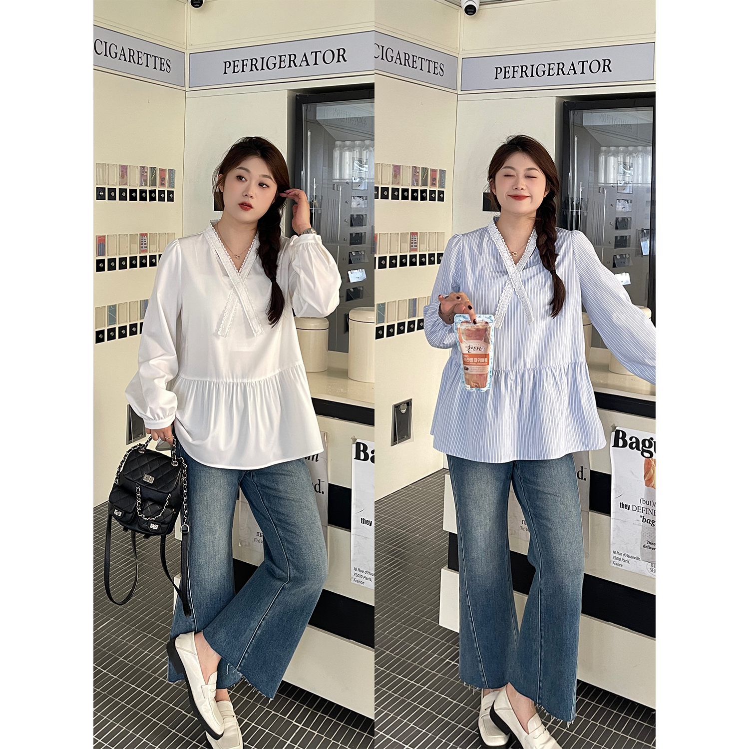 裂渡宣宣【苏黎甜茶】微胖大码女秋时尚百搭气质荷叶边衬衫ZY507V31