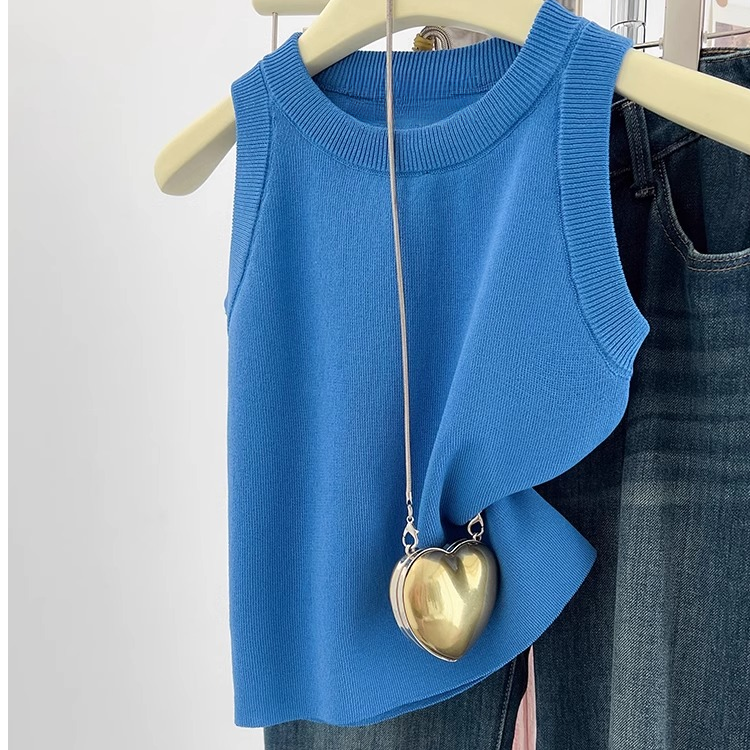 夏季薄款圆领冰丝针织无袖背心女士时尚基础款吊带内搭打底衫上衣