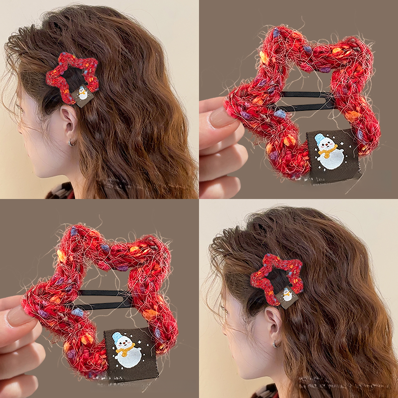 圣诞节装饰礼物红色毛绒五角星发夹刘海侧边夹前额碎发bb夹发卡女