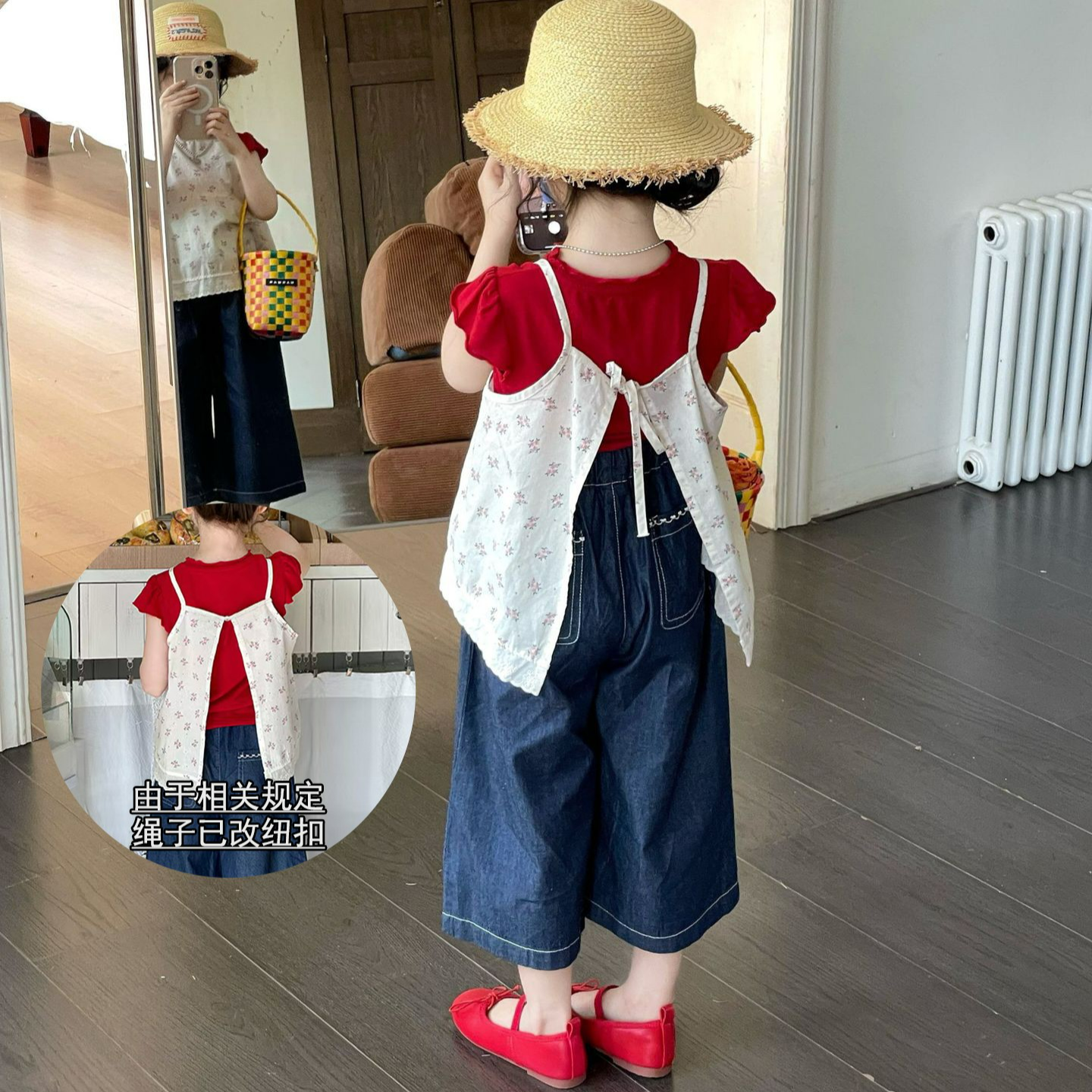 韩版田园风套装女童夏季T恤碎花吊带牛仔阔腿裤三件套宝宝穿搭潮6