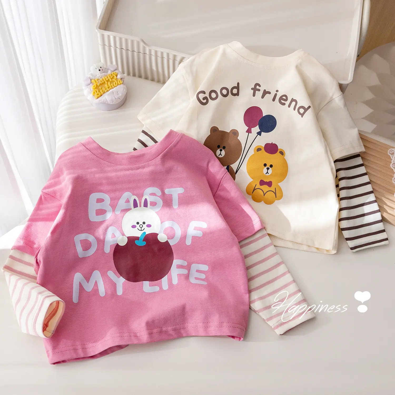 女童纯棉长袖t恤春秋2025新款儿童洋气秋季上衣宝宝假两件打底衫