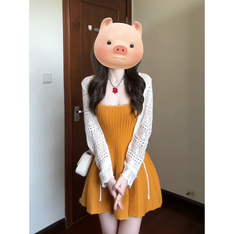 白色针织镂空设计外披女装夏季新款贵族千金感橘色连衣裙两件套装