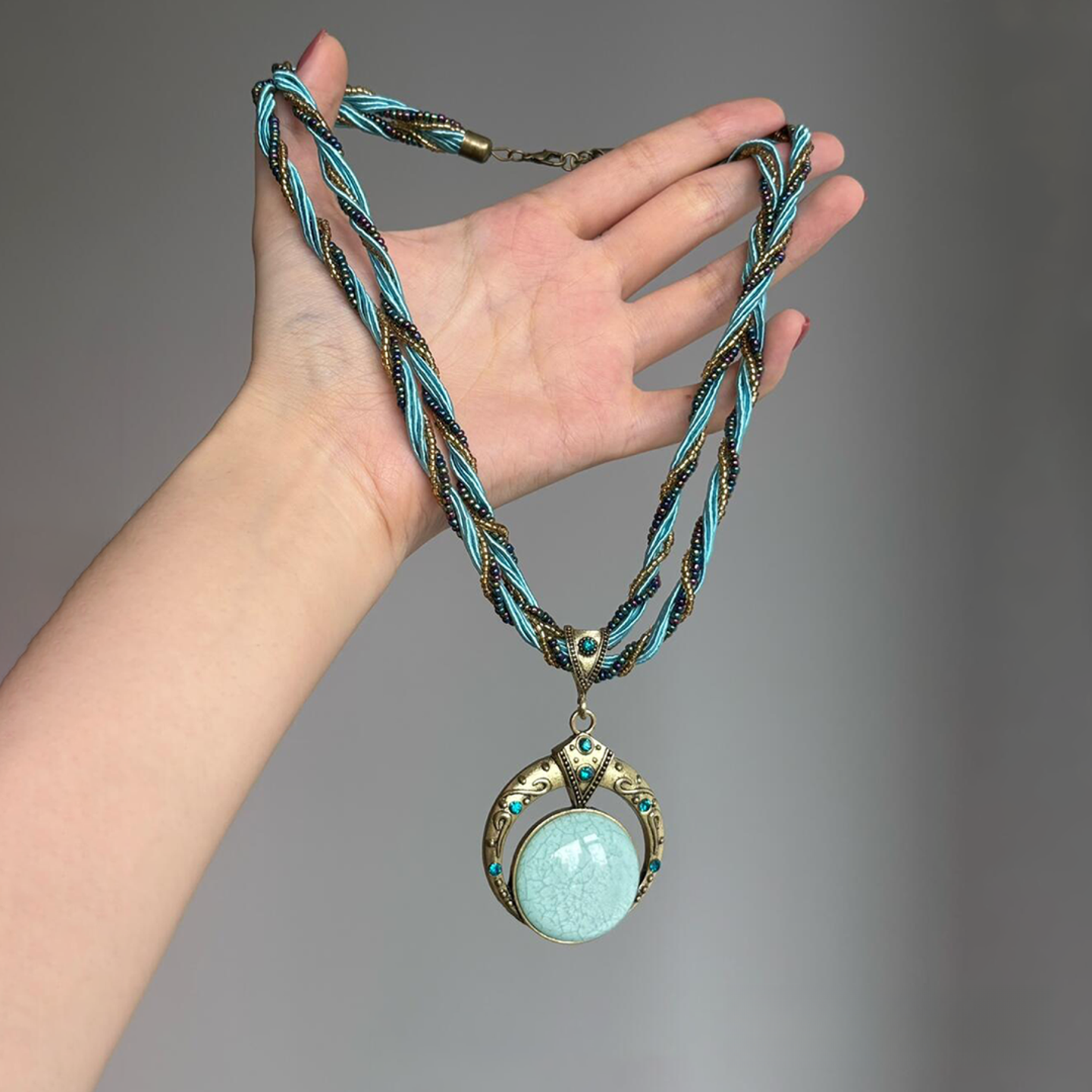 铜树脂项链 波西米亚中古蓝色麻花米珠项链女小众民族风毛衣链潮