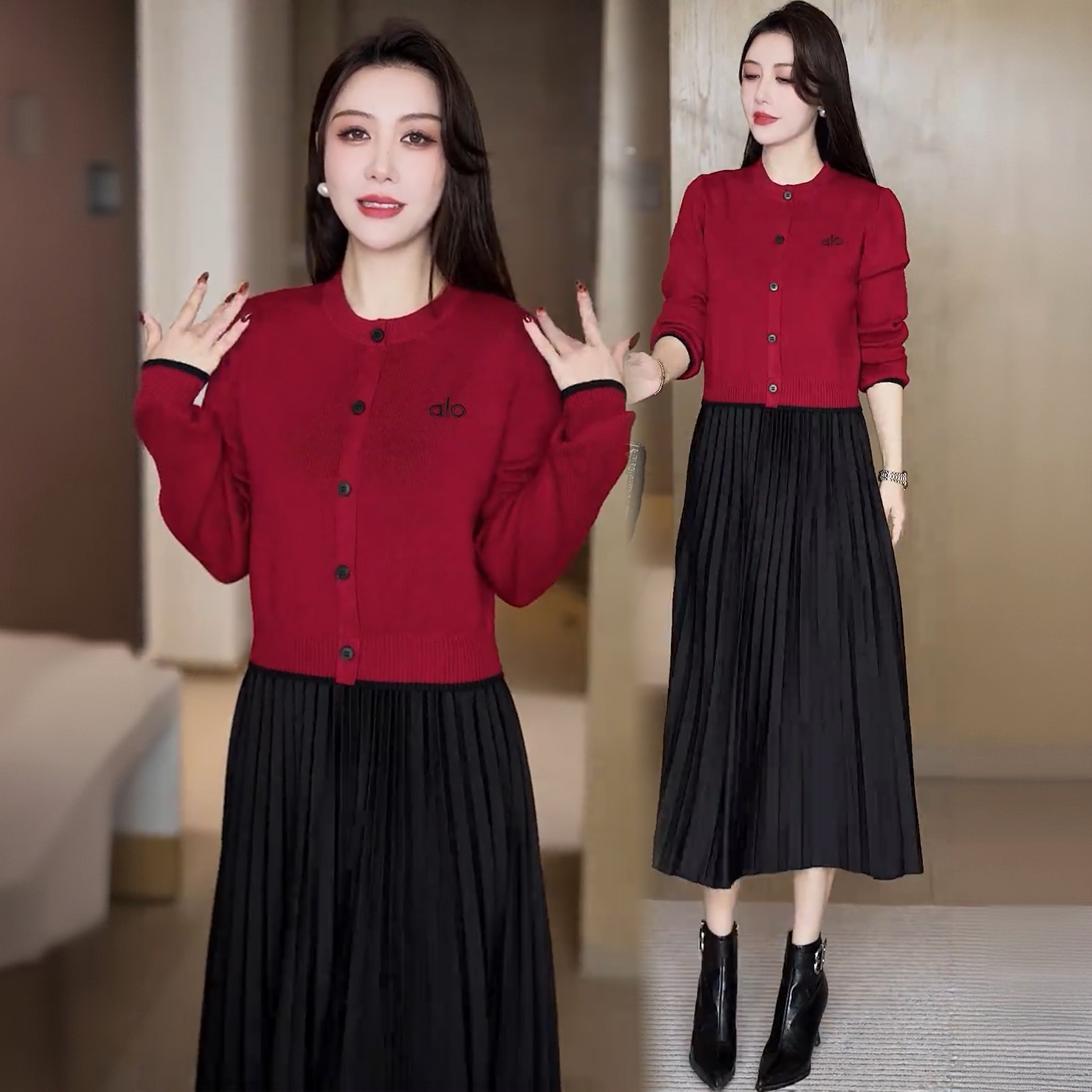 拉夏贝尔气质连衣裙女2025冬季新款洋气显瘦刺绣中长款打底裙