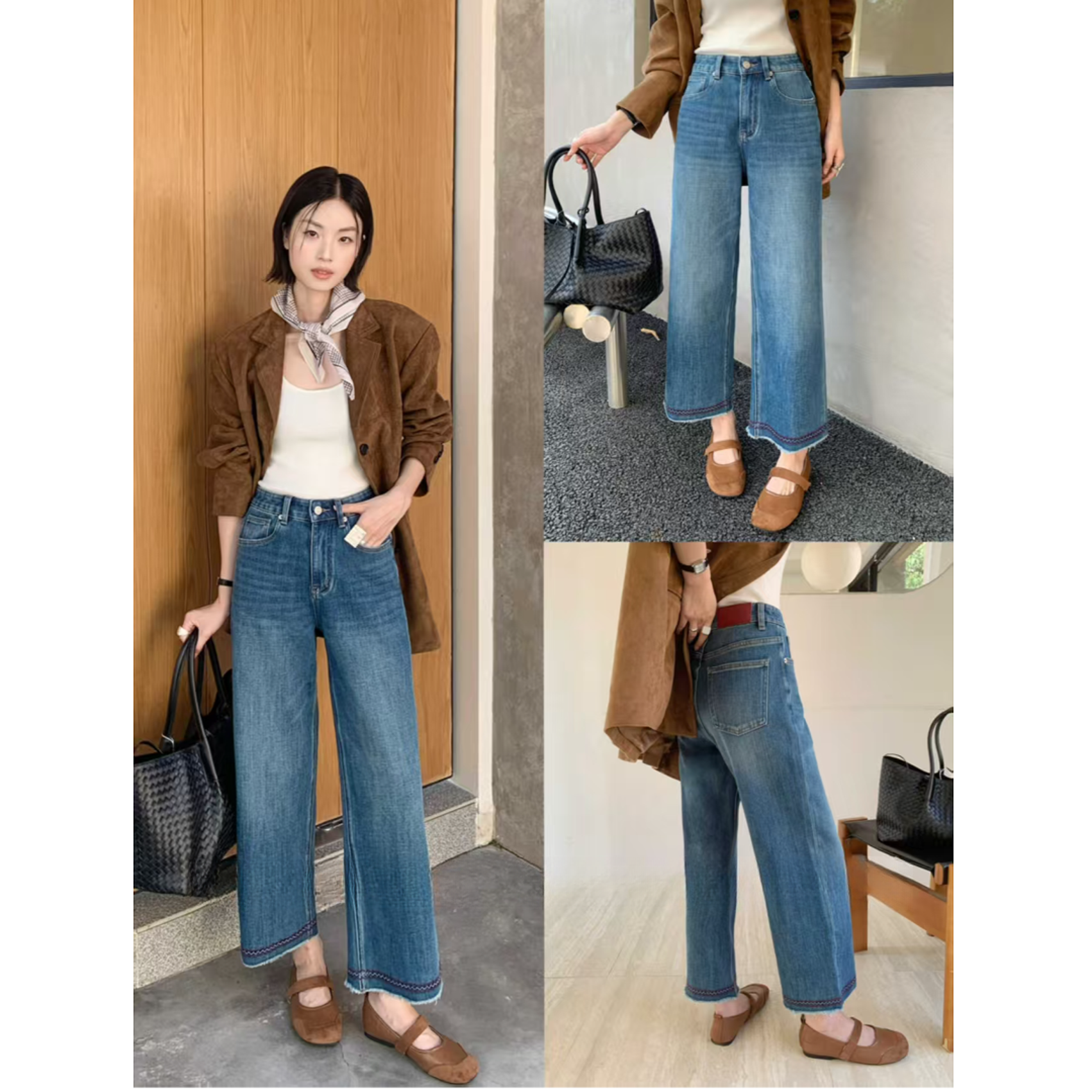 四面弹直筒牛仔裤女2025秋阔腿裤小个子高腰刺绣毛边九分奶奶裤