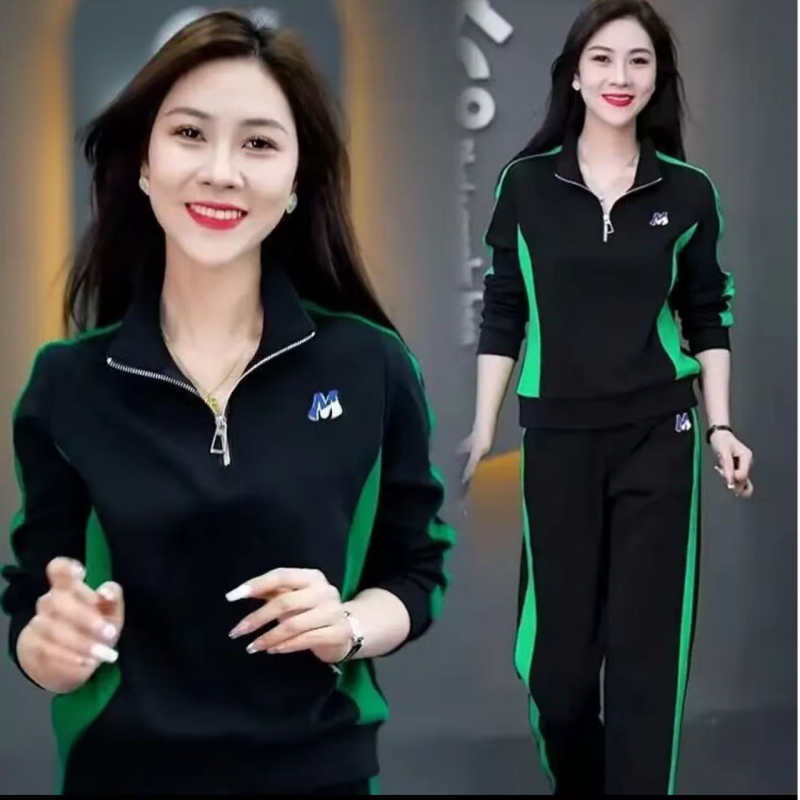 W休闲时尚套装女时髦半拉链卫衣春秋新款洋气减龄运动服两件套