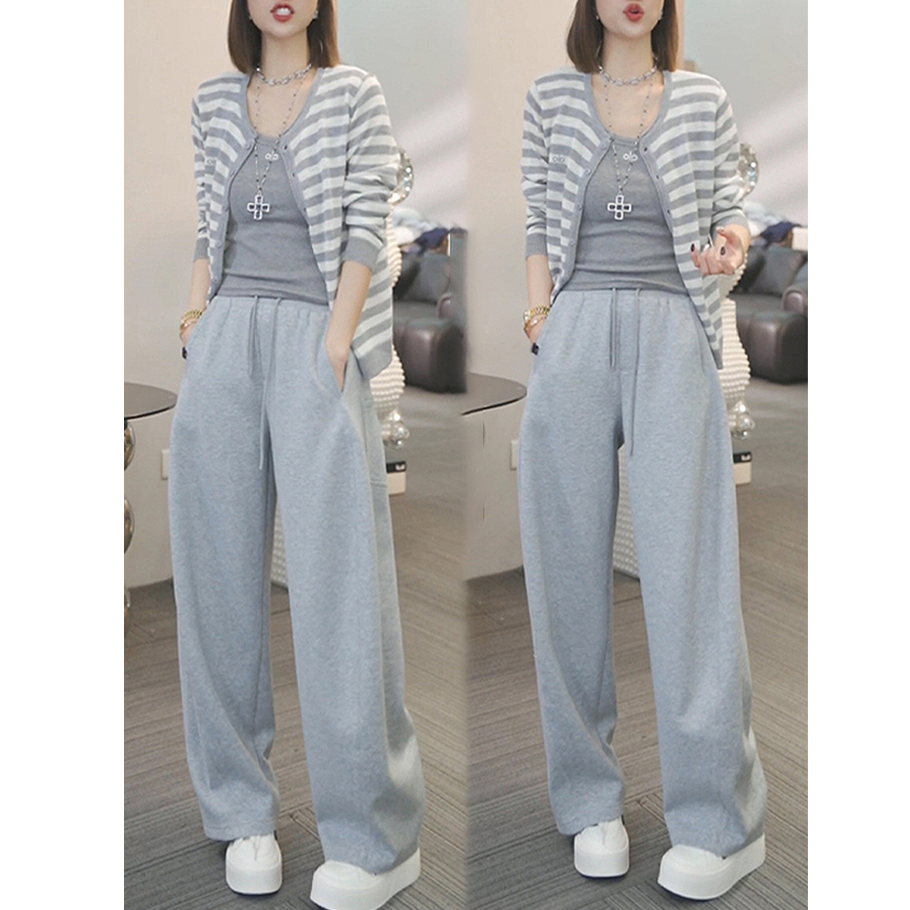 初秋慵懒松弛感休闲套装女长袖针织开衫宽松显瘦阔腿休闲裤两件套