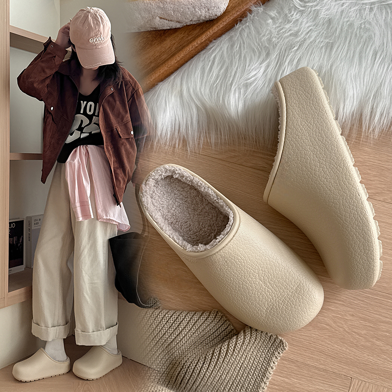 防水包头棉拖鞋女款室内居家防滑皮纹厚度加绒保暖时尚拖鞋女情侣