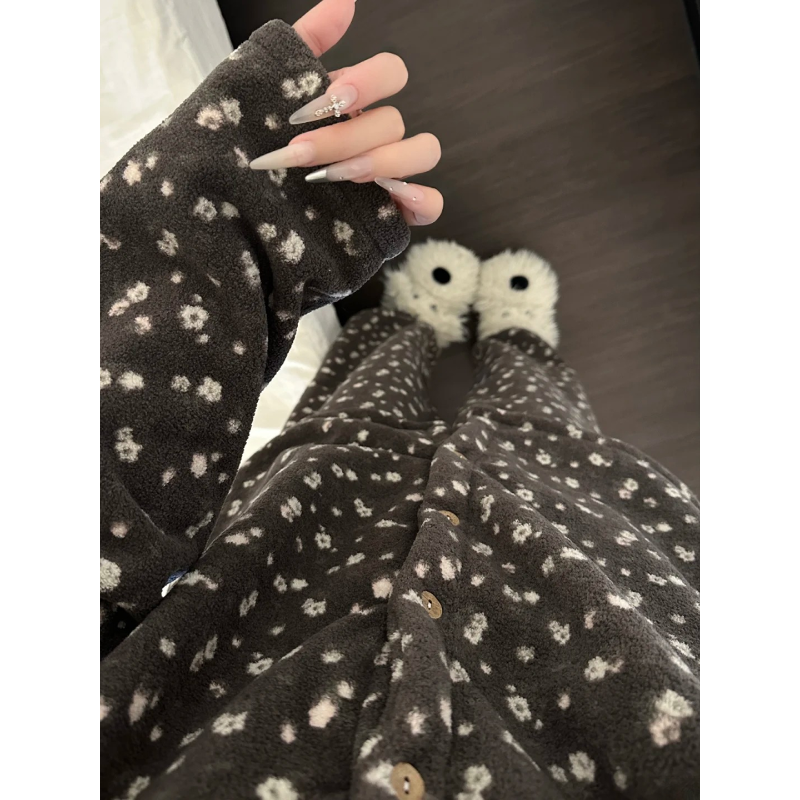 韩系甜美少女德绒碎花开衫睡衣女2025冬季新款大码家居服套装保暖