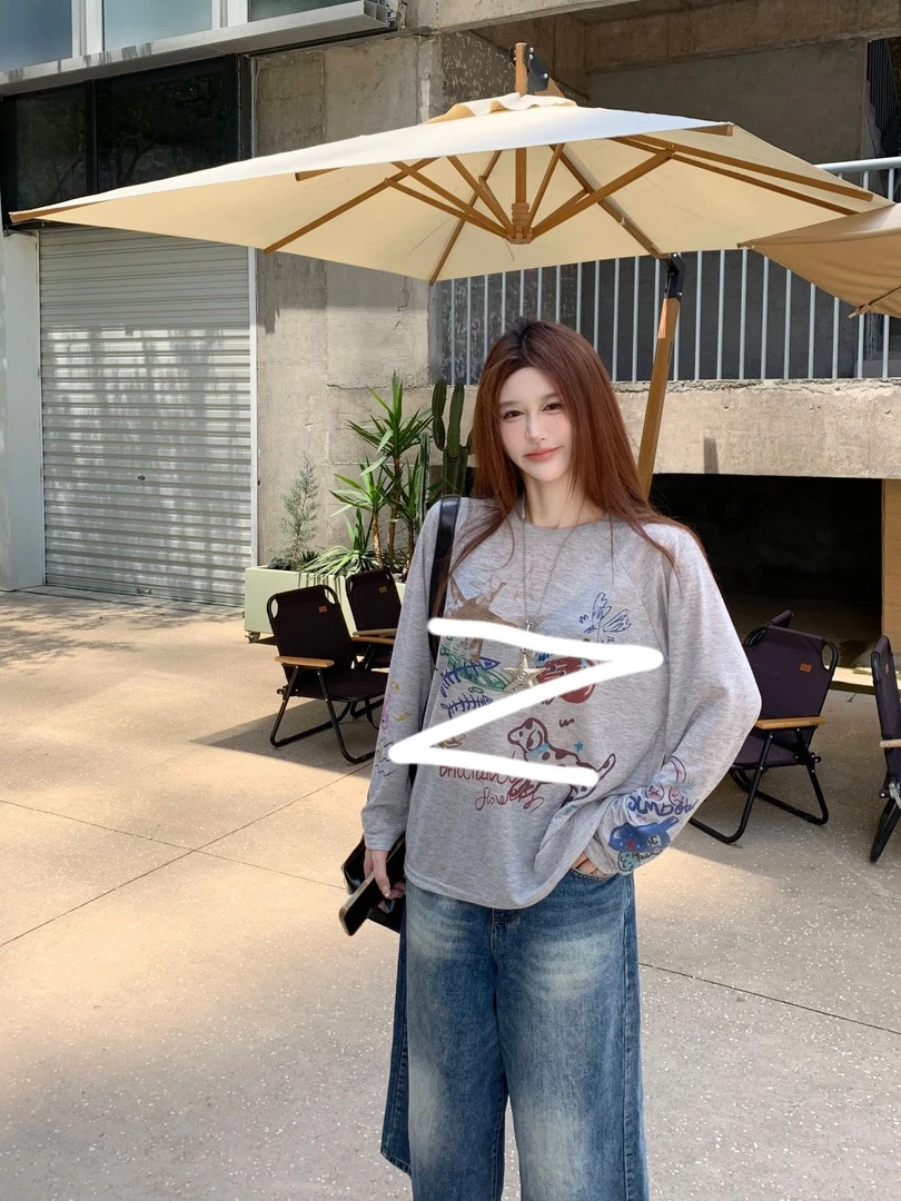 美式复古涂鸦印花T恤防晒罩衫女夏季设计感慵懒风宽松百搭上衣潮