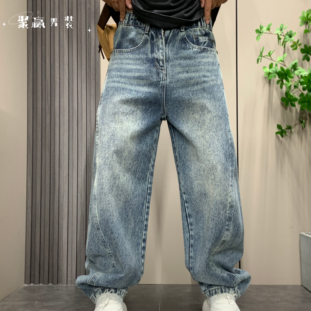 秋季港风立体剪裁宽松弯刀牛仔裤男士春秋美式复古休闲镰刀阔腿裤