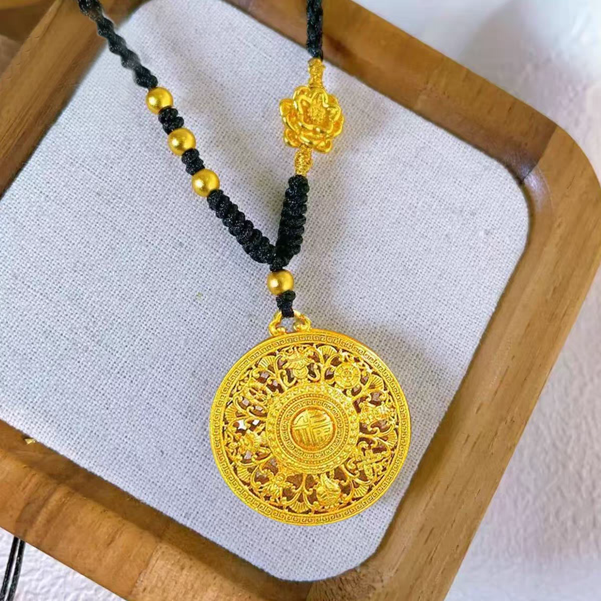 铜合金棉绳项链 珠珠莲花八宝罗盘毛衣链手工编织双面金色不掉色