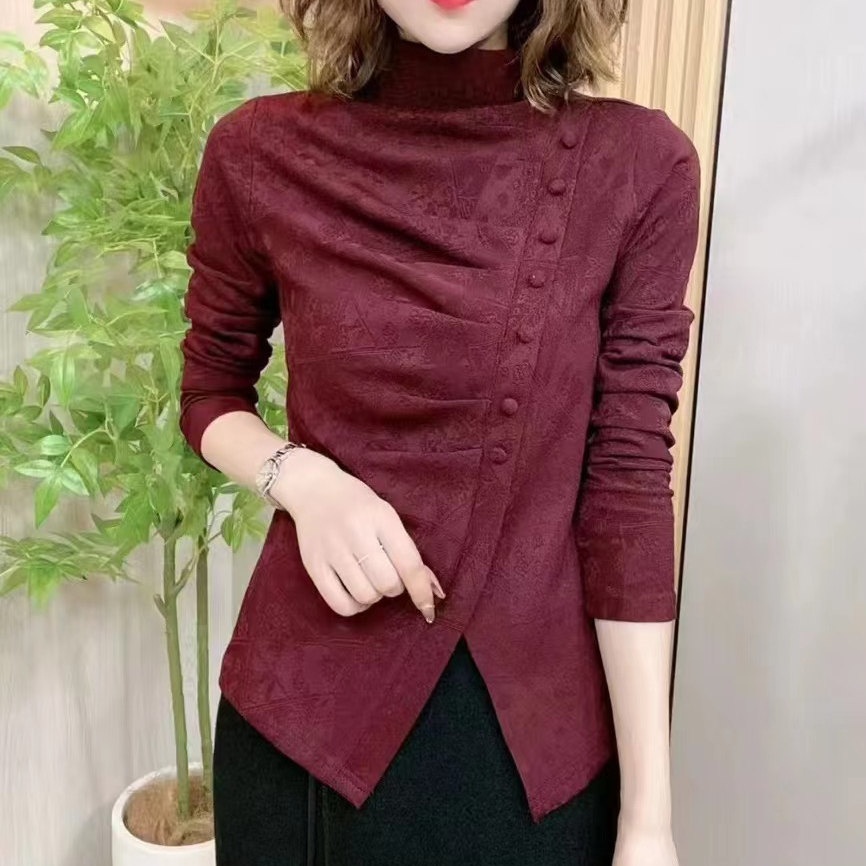 纯色提花半高领斜排扣长袖打底~秋冬一体绒修身显瘦气质女士7999