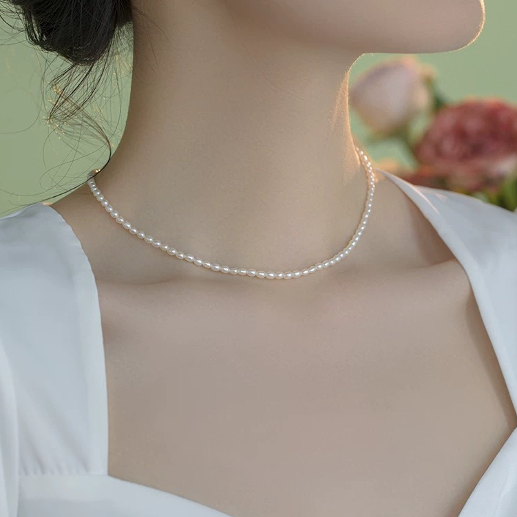 3-4mm天然淡水珍珠项链女极细小米珠锁骨链百搭素链高级感颈链
