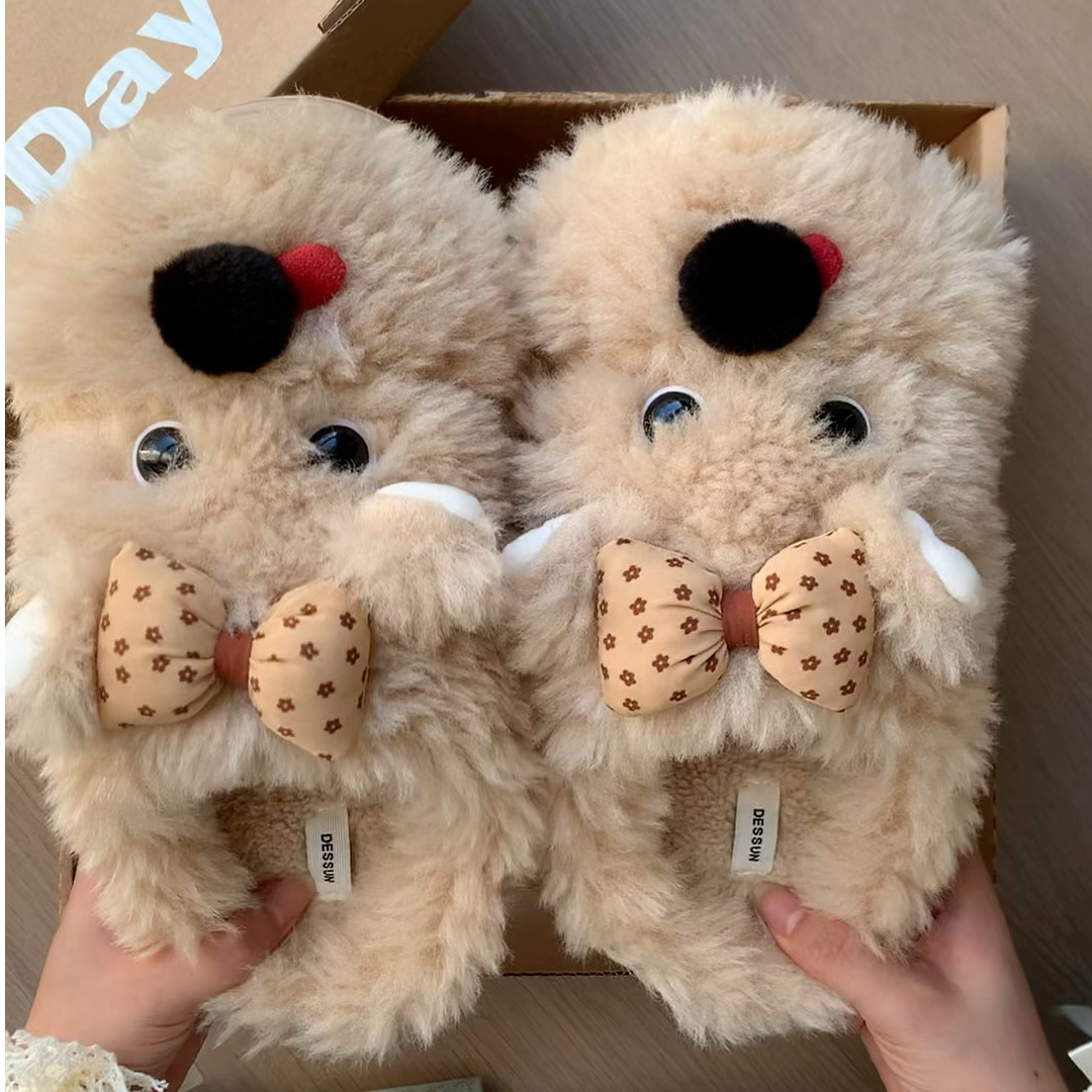 可爱趣味毛绒小狗舒适时尚平软底包头拖女2025秋冬新款保暖棉拖鞋