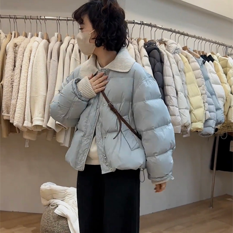 法式百搭温柔风针织翻领羽绒服女2025冬季新款宽松白鸭绒短外套潮