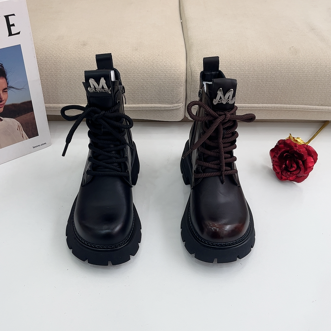 系带复古马丁靴内增高中筒靴休闲英伦秋冬女鞋保暖2025增高显瘦