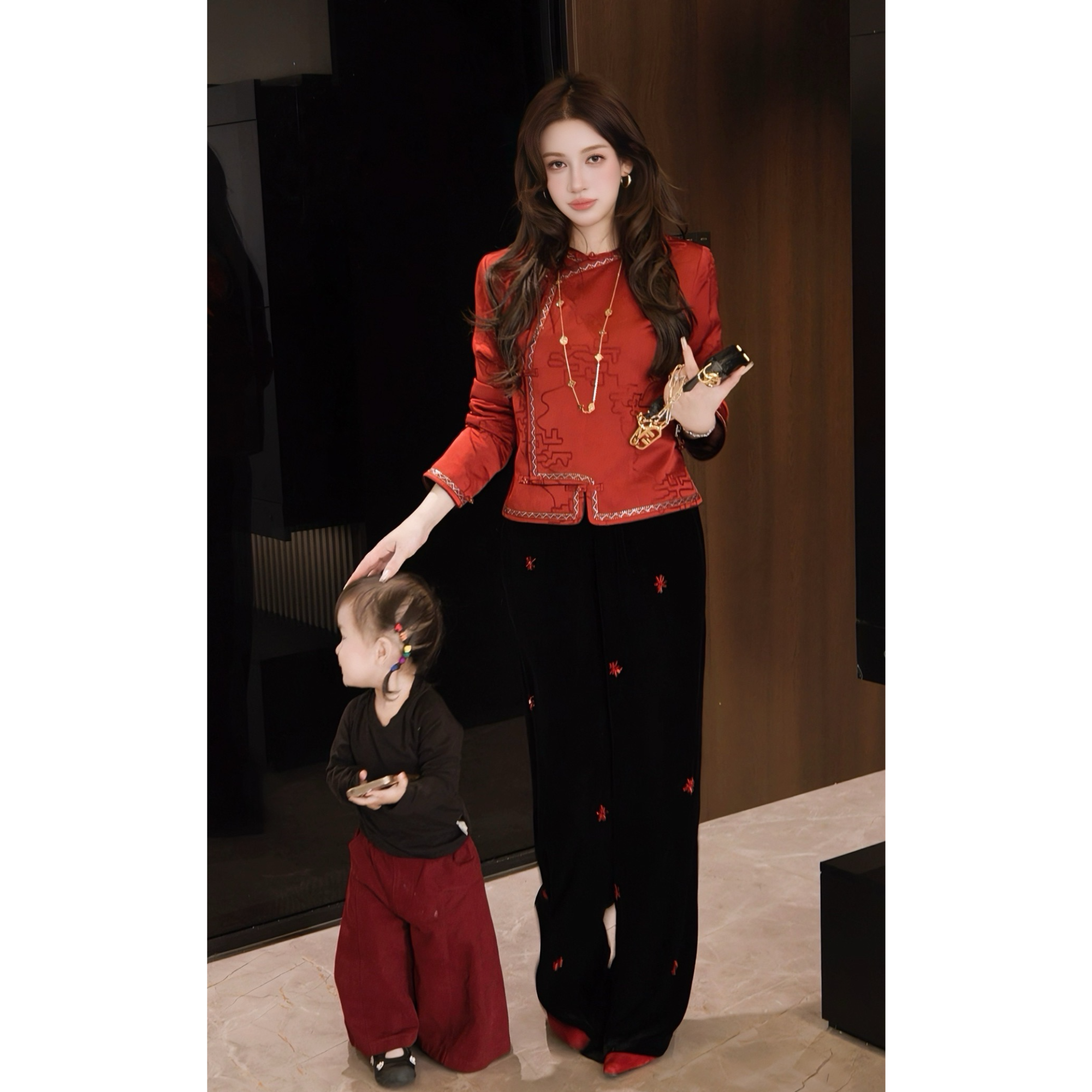 G. yantong/郭彦彤手工钉珠真丝丝绒阔腿休闲裤冬款松紧腰KZ121