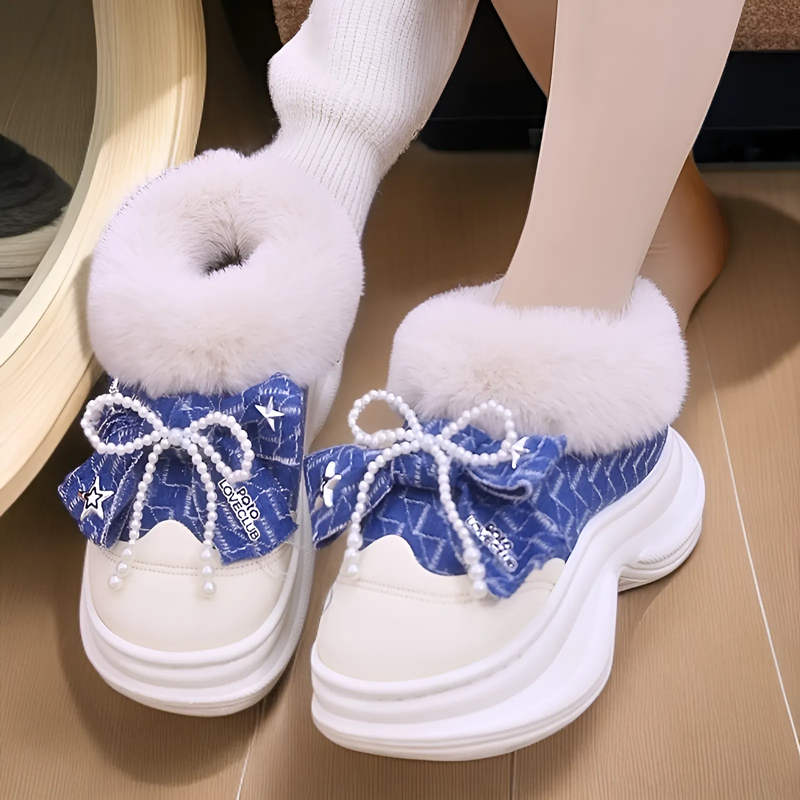 2025新款蝴蝶结松糕毛毛鞋女秋冬季时尚包头拖小个子休闲棉拖鞋