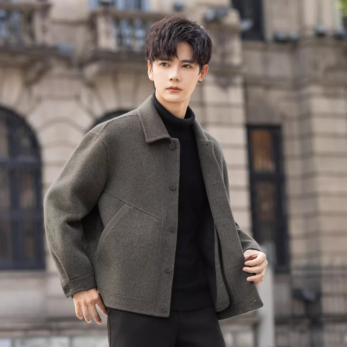 双面绒羊毛呢子夹克男外套冬季加厚保暖短款上衣休闲毛呢男款大衣