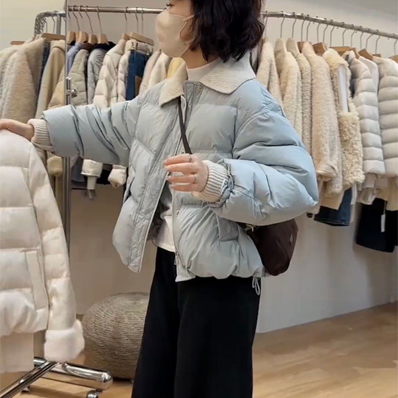 2025冬季新款时尚百搭拼色针织翻领短款羽绒服外套女保暖气质上衣