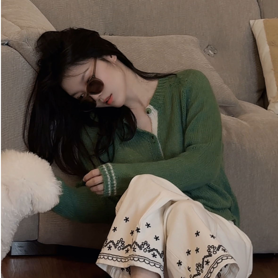 【悦悦专属】新款撞色设计圆领休闲长袖针织开衫Y852