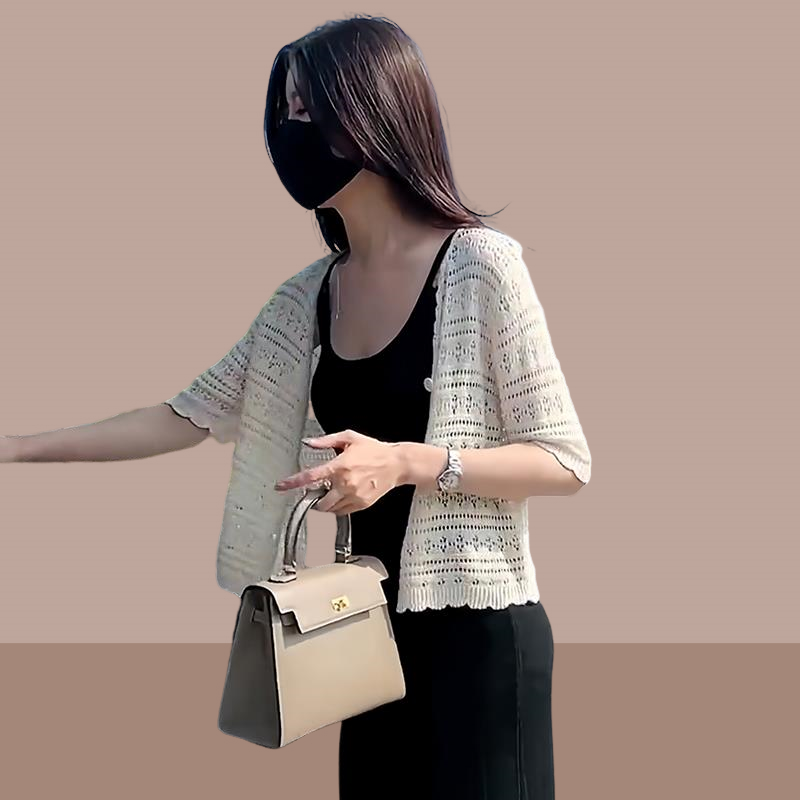 2025夏季新款女士薄款冰丝镂空针织开衫外套配吊带长裙罩衫披肩潮