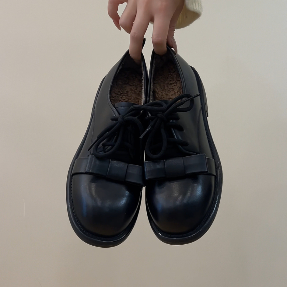 RubyL/4.2cm复古风时尚设计感蝴蝶结系带百搭圆头粗跟单鞋女款