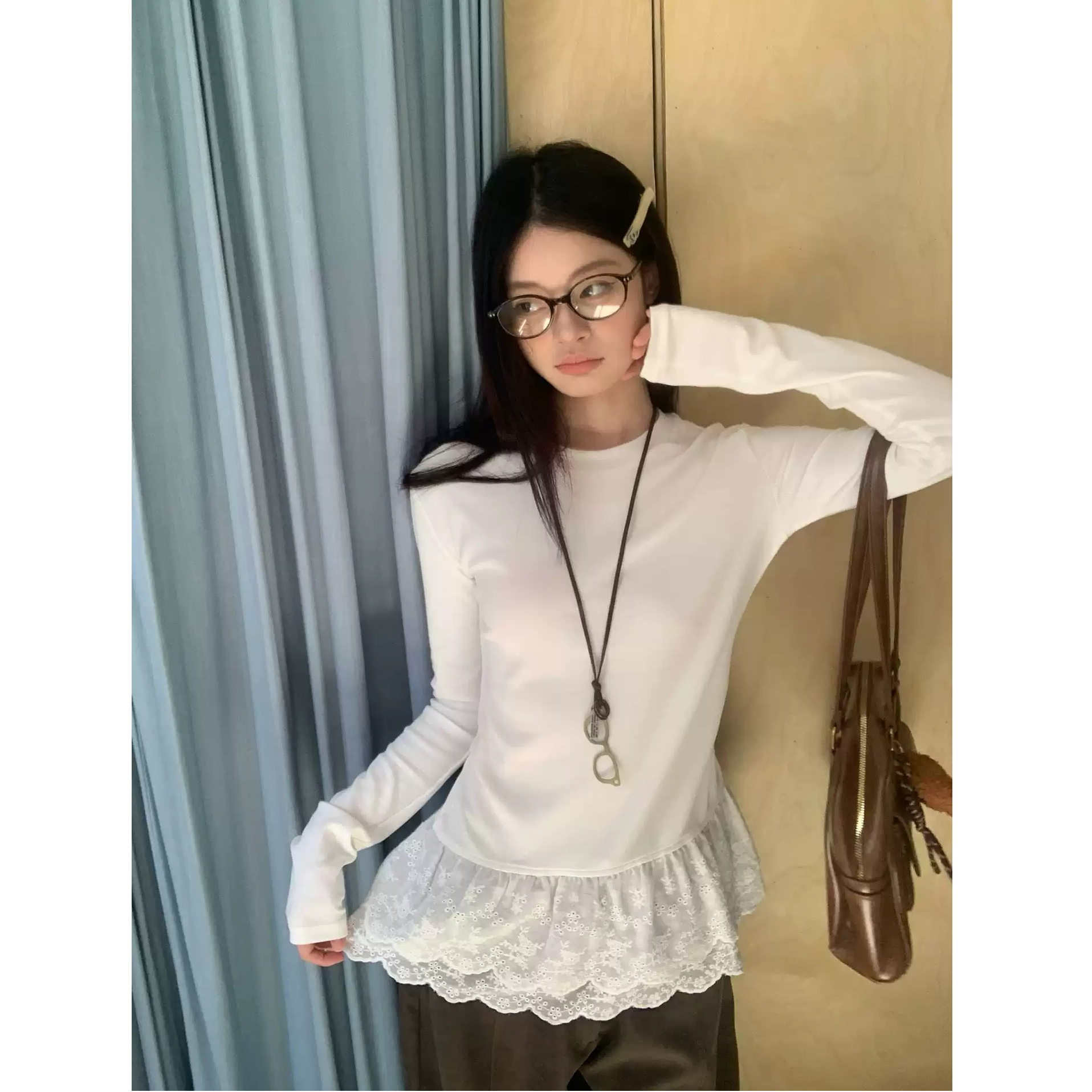 【全额运补】白色蕾丝花边内搭打底衫女秋冬叠穿韩系时尚长袖t恤