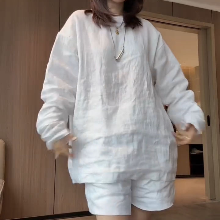 大码时尚套装女夏季优雅气质纯色长袖上衣+宽松阔腿短裤两件套