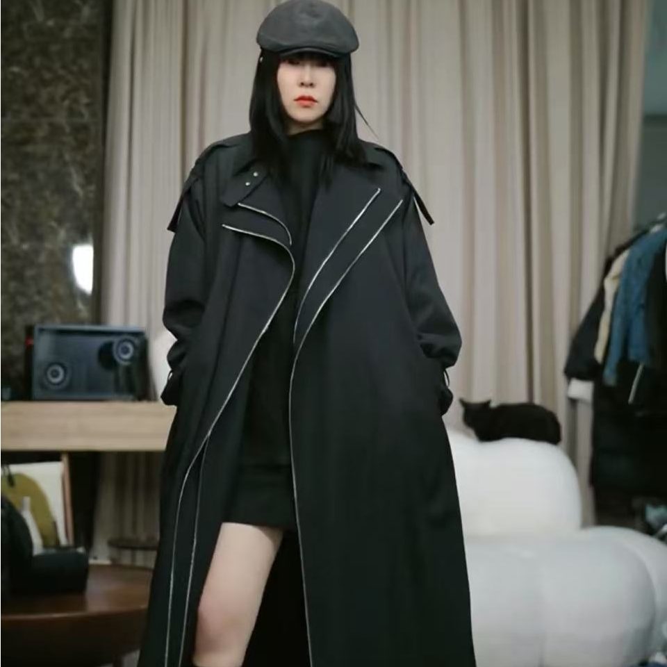 infobyfive2025秋冬新款黑色拉链女士设计中长款风衣2DI1402