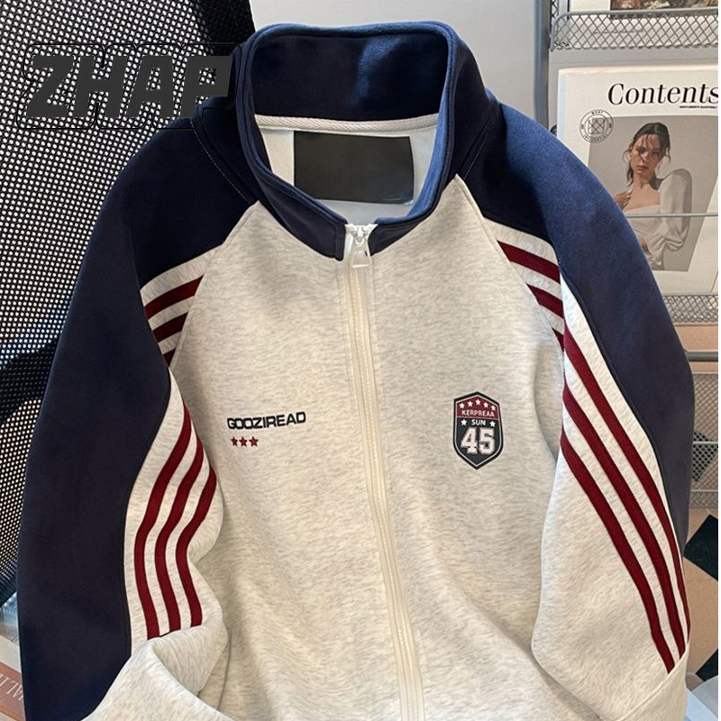 【ZHAP】美式复古撞色条纹立领卫衣女秋冬拼接三条杠宽松上衣外套潮