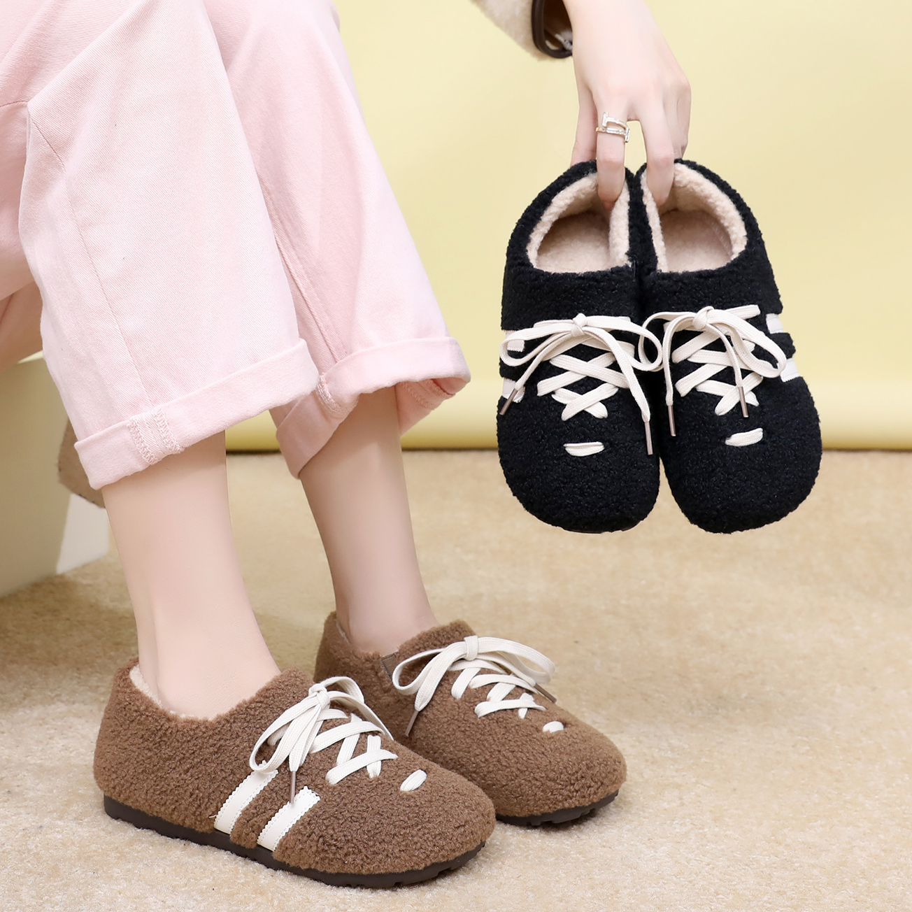 新款冬季保暖毛毛鞋女平底防滑时尚休闲加厚棉鞋一脚蹬加绒豆豆鞋