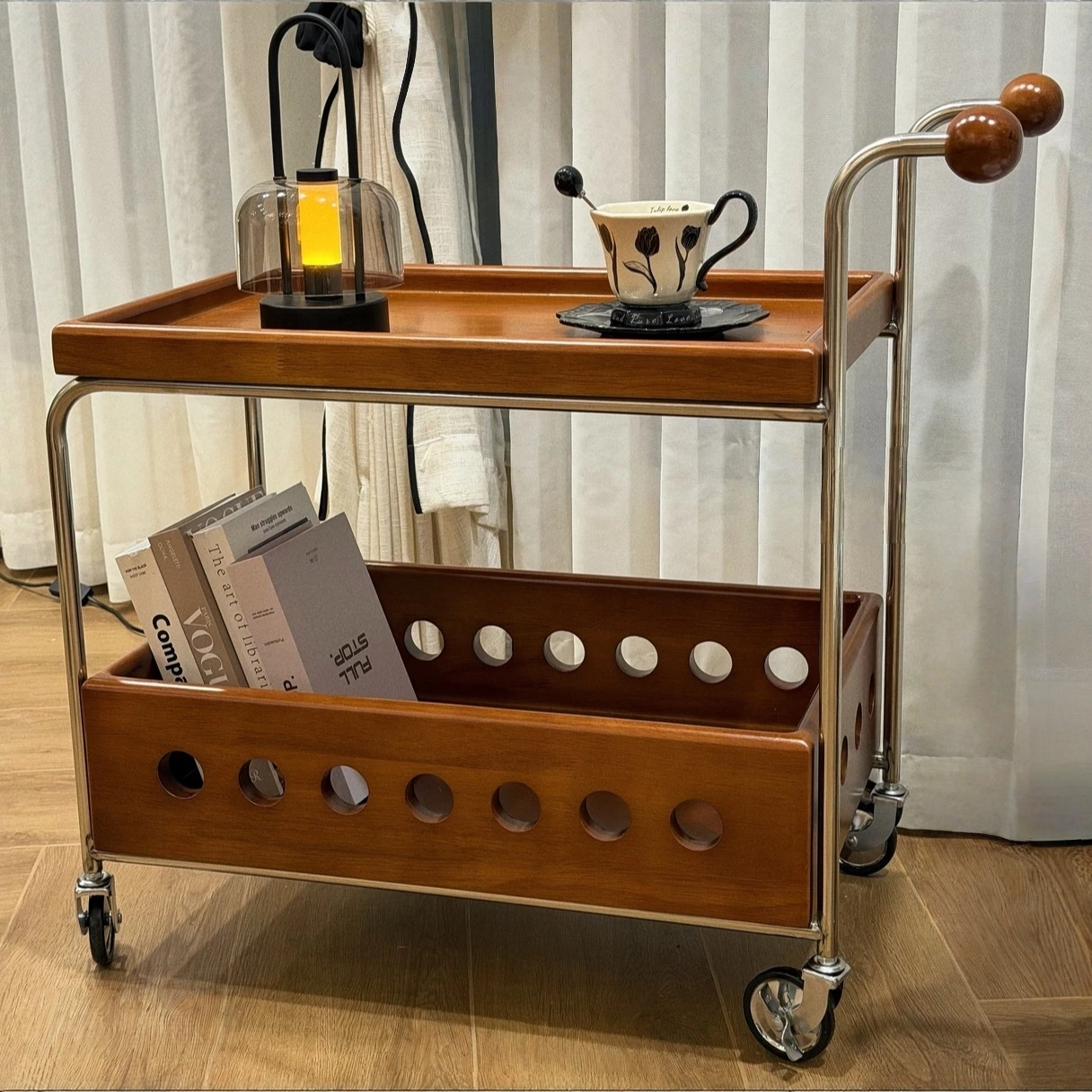 中古风法式胡桃木色推车客厅小户型收纳架可移动实木茶几边几