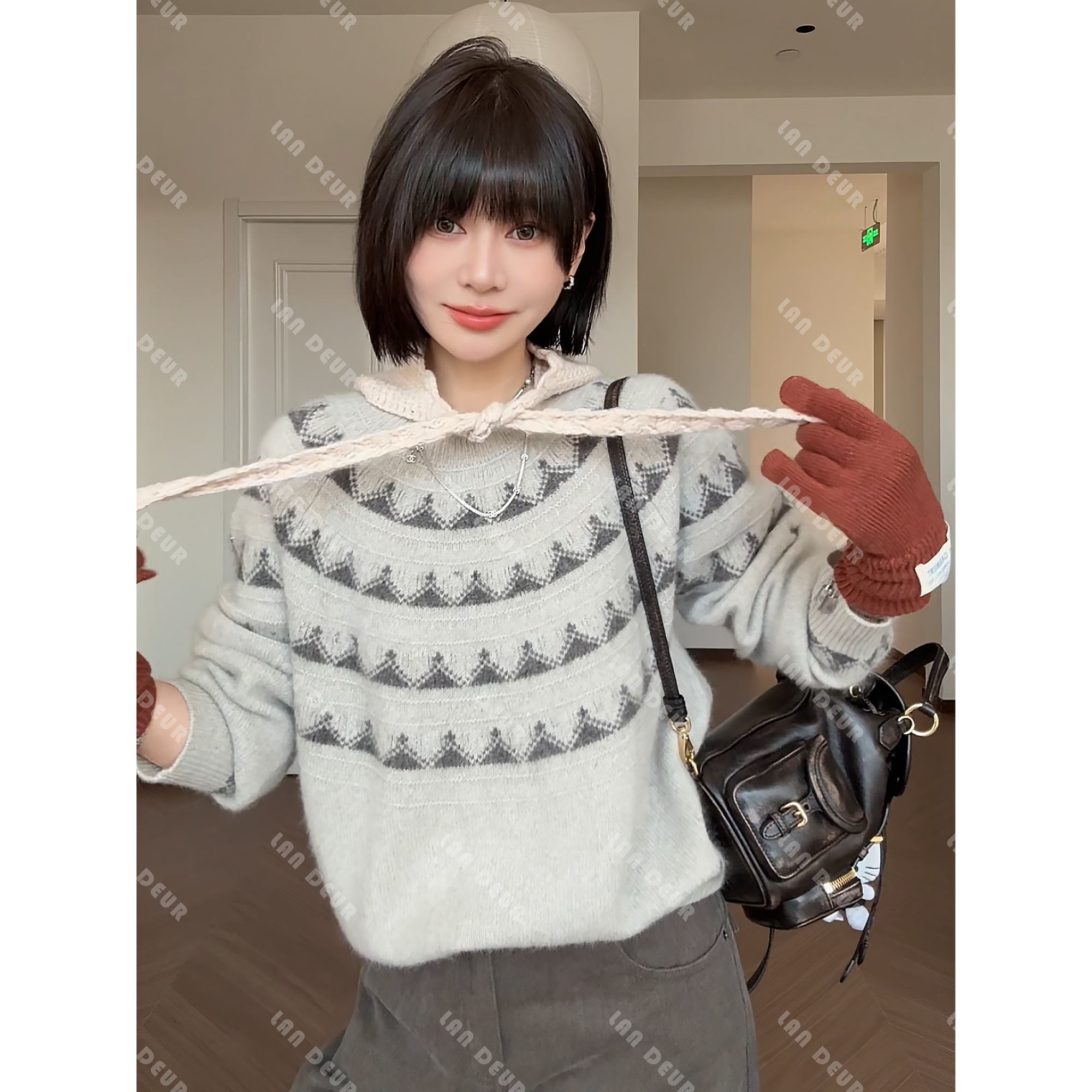 JIUJIU【西柚暮色】兔毛+绵羊毛撞色提花圆领针织衫长袖套头针织衫