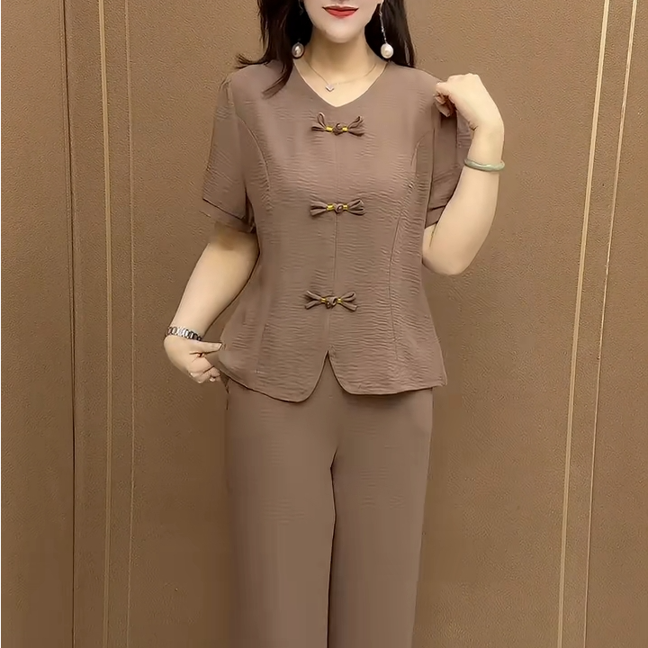 夏季新品时尚中年女士V领短袖两件套气质轻职风纯色宽松薄款夏装