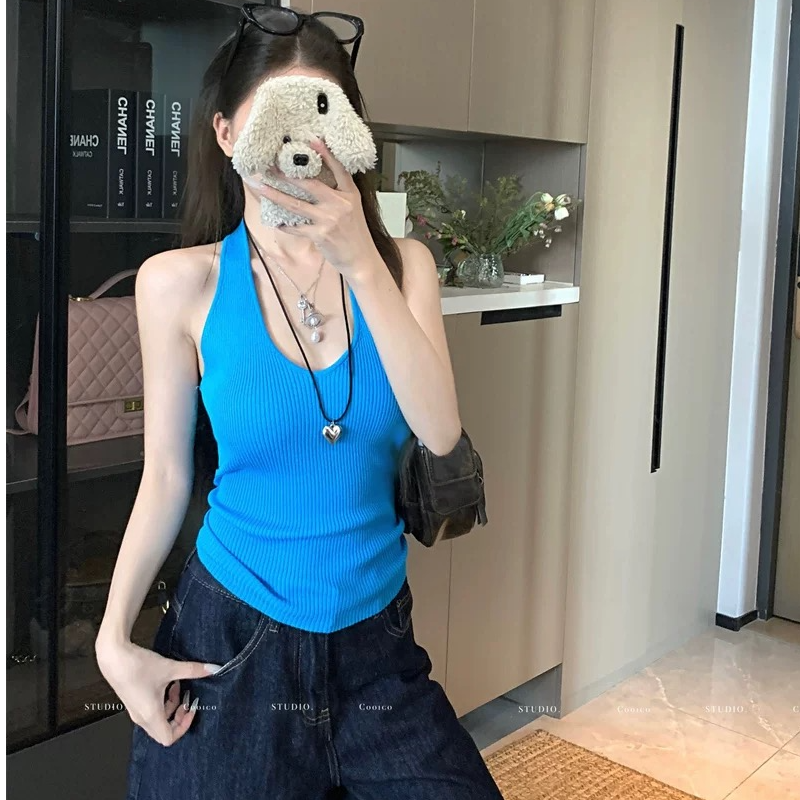 夏季吊带背心女通勤显瘦纯欲辣妹挂脖修身性感外穿短款上衣