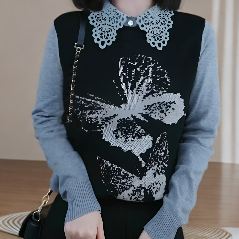 假两件翻领提花毛衣内搭女秋冬针织打底衫2025年新款韩系气质上衣