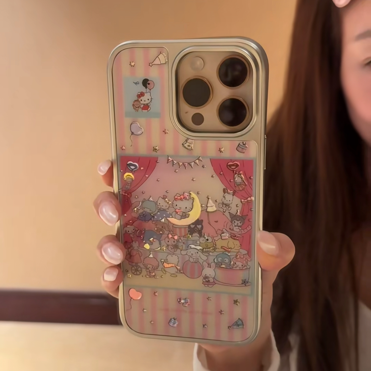 可爱粉条纹三丽鸥派对碳纤维彩金适用苹果16pro/iPhone15手机壳14