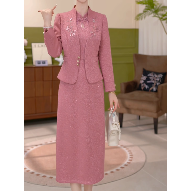 曼芬气质轻奢复古修身刺绣时尚套装2025秋季新款修身两件套连衣裙